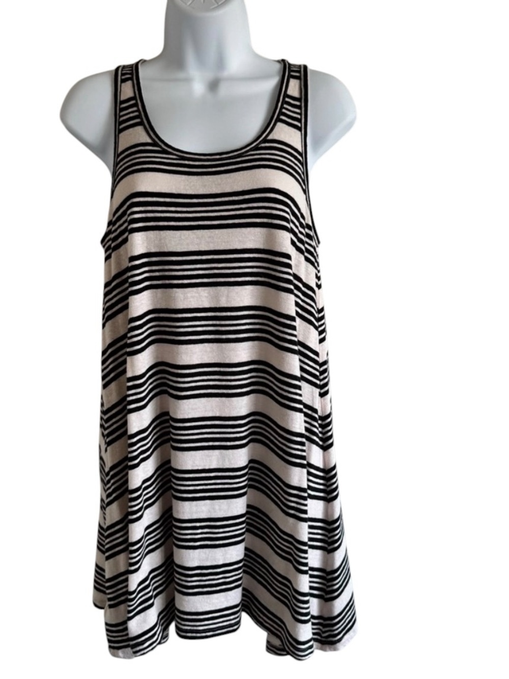 Lou & Grey Black & Cream Striped Sleeveless Mini Dress SzS Linen Blend Cozycore